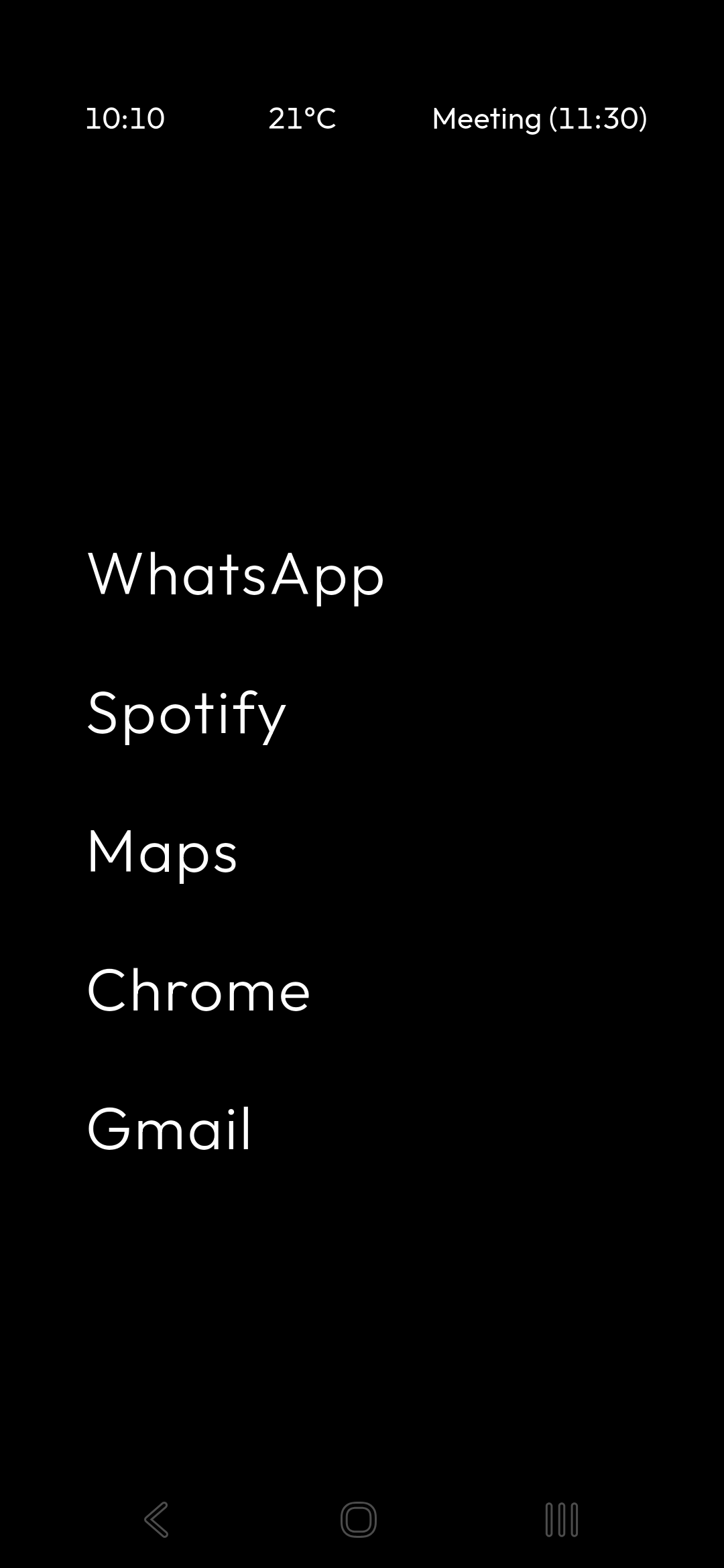 Mars Launcher home screen: a plain list of app names on a black background